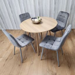 KOSY KOALA Round Oak Effect Kitchen Dining Table With 4 Grey Velvet Tufted Chairs Dining Set - thumbnail 3