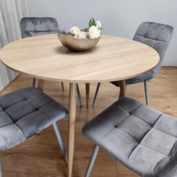 KOSY KOALA Round Oak Effect Kitchen Dining Table With 4 Grey Velvet Tufted Chairs Dining Set - thumbnail 6