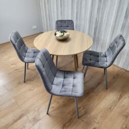 KOSY KOALA Round Oak Effect Kitchen Dining Table With 4 Grey Velvet Tufted Chairs Dining Set - thumbnail 4