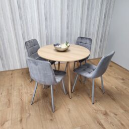 KOSY KOALA Round Oak Effect Kitchen Dining Table With 4 Grey Velvet Tufted Chairs Dining Set - thumbnail 1