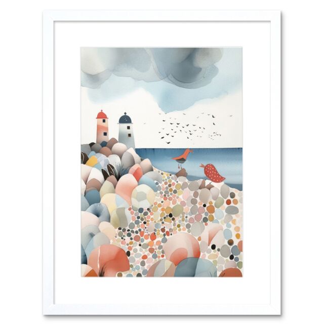 "Artery8 Wall Art Print Lighthouses On Multicoloured Pebble Beach Watercolour Painting Artwork Framed 9X7 Inch in White - Size: W7"" x H9""" - image 1