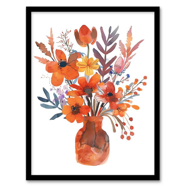"Artery8 Bright Autumnal Flower Bouquet Vase Watercolour Framed Wall Art in Orange - Size: W12"" x H16""" - image 1