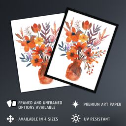 "Artery8 Bright Autumnal Flower Bouquet Vase Watercolour Framed Wall Art in Orange - Size: W12"" x H16""" - thumbnail 2