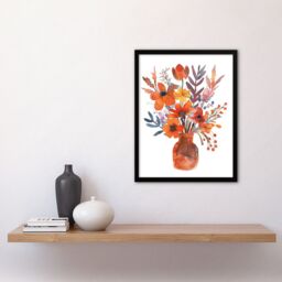 "Artery8 Bright Autumnal Flower Bouquet Vase Watercolour Framed Wall Art in Orange - Size: W12"" x H16""" - thumbnail 4