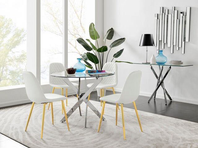 FurnitureboxUK Novara Chrome Metal 100cm Round Glass Dining Table & 4 Corona Gold Dining Chairs in White - image 1