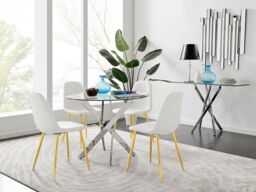 FurnitureboxUK Novara Chrome Metal 100cm Round Glass Dining Table & 4 Corona Gold Dining Chairs in White - thumbnail 1