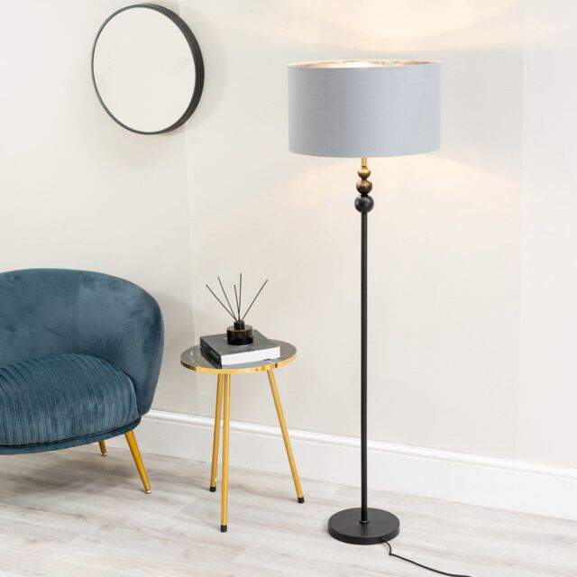 ValueLights Marissa Grey & Metallic Chrome Shade with Black Stacked Ball Floor Lamp - image 1