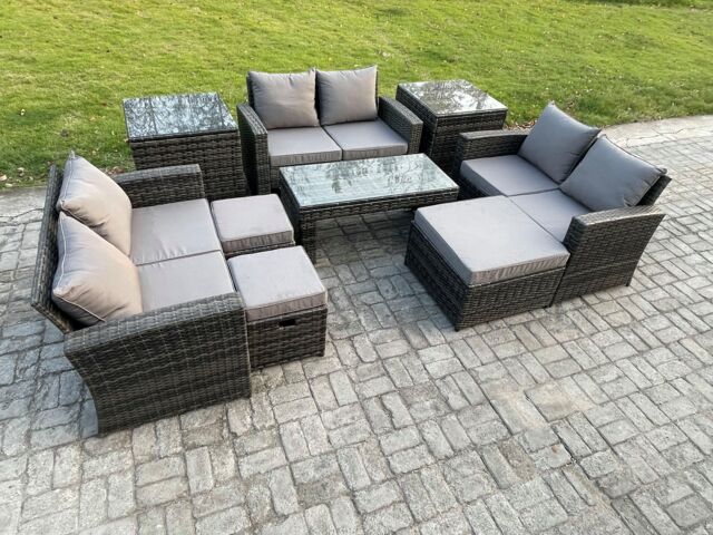 Fimous Outdoor U Shape Sofa Set Rattan Garden Furniture Set with Coffee Table Double Seat Sofa 3 Footstools in Dark Grey - image 1