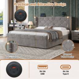 Merax Velvet 4ft6 Double Ottoman Storage Bed with Reading Light in Grey - thumbnail 9