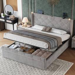 Merax Velvet 4ft6 Double Ottoman Storage Bed with Reading Light in Grey - thumbnail 4