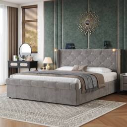 Merax Velvet 4ft6 Double Ottoman Storage Bed with Reading Light in Grey - thumbnail 1