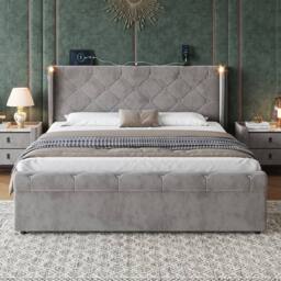 Merax Velvet 4ft6 Double Ottoman Storage Bed with Reading Light in Grey - thumbnail 6