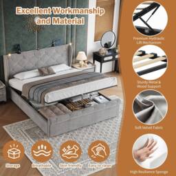 Merax Velvet 4ft6 Double Ottoman Storage Bed with Reading Light in Grey - thumbnail 8