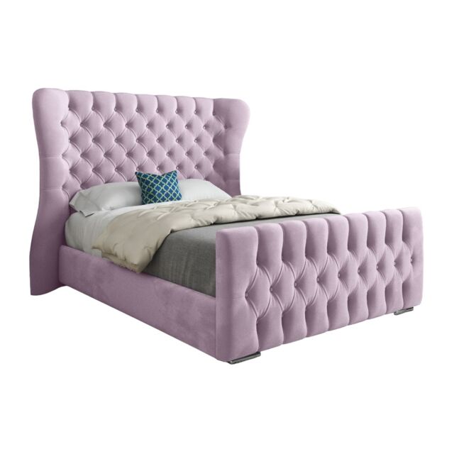 KDMD Lika Wide Curved Winged Upholstered Soft Velvet Designer Bed Frame in Pink - Size: Small Double - image 1