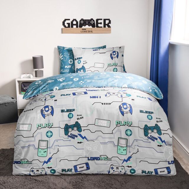 OHS Gaming Duvet Cover Set Reversible Quilt Pillowcase Bedding in Grey - Size: Double - image 1
