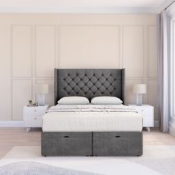 Sloomy Dior Plush Fabric Ottoman Bed End Opening With Sprung Memory Mattress & 54 Inch Floorstanding Headboard With Wings in Dark Grey - Size: King - thumbnail 2