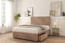 "Sloomy Amberley Naples Divan Bed Base 2 Drawers Right Side With 26"" Strutted Headboard & 12"" Matching Footboard in Light Brown - Size: Super King" - thumbnail 2