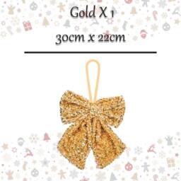 VFM e-Store Christmas Sequins Bow Hanging Decoration 30cm x 22cm Gold X 1 - Size: 30 cm x 22 cm - thumbnail 2