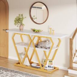 KORVIXA Entryway Table with Golden Metal Frame for Living Room - Size: 100 cm x 100 cm - thumbnail 5