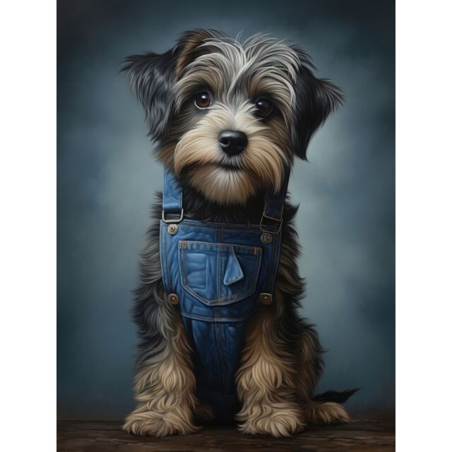 "Artery8 Wall Art Print Adorable Snorkie Dog in Blue Jean Dungarees Realistic Artwork Fun Pet Portrait Poster in Grey - Size: W18"" x H24""" - image 1