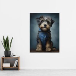 "Artery8 Wall Art Print Adorable Snorkie Dog in Blue Jean Dungarees Realistic Artwork Fun Pet Portrait Poster in Grey - Size: W18"" x H24""" - thumbnail 2