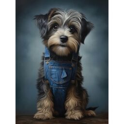 "Artery8 Wall Art Print Adorable Snorkie Dog in Blue Jean Dungarees Realistic Artwork Fun Pet Portrait Poster in Grey - Size: W18"" x H24""" - thumbnail 1