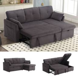 Direct Wicker L-Shape Sofa with Storage & Pull-Out Bed, 3-in-1 Convertible Couch in Grey - Size: 1 Pack - thumbnail 1
