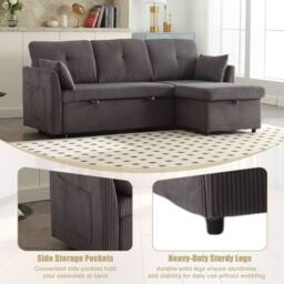 Direct Wicker L-Shape Sofa with Storage & Pull-Out Bed, 3-in-1 Convertible Couch in Grey - Size: 1 Pack - thumbnail 5