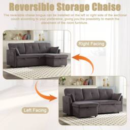 Direct Wicker L-Shape Sofa with Storage & Pull-Out Bed, 3-in-1 Convertible Couch in Grey - Size: 1 Pack - thumbnail 2
