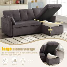 Direct Wicker L-Shape Sofa with Storage & Pull-Out Bed, 3-in-1 Convertible Couch in Grey - Size: 1 Pack - thumbnail 4