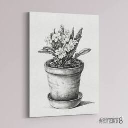 "Artery8 Potted Flowering Plant Pencil Drawing Bernard Canvas Wall Art in White - Size: W18"" x H24""" - thumbnail 2