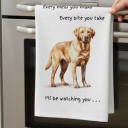 Animal Crackers Dog Tea Towel With 'Watching You' Funny Wording - Golden Labrador in White - thumbnail 2