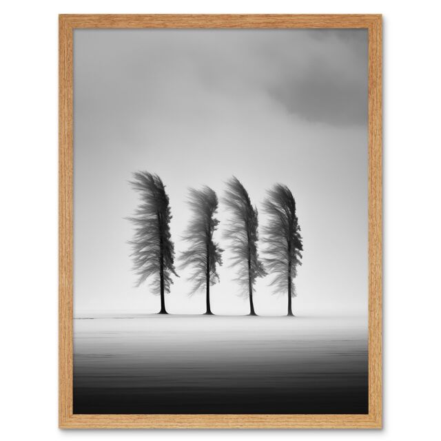 Artery8 Wall Art Print Still Holding Strong Black & White Winter Landscape Photograph Wind Blowing on a Row of Cypress Hills Art Framed - image 1
