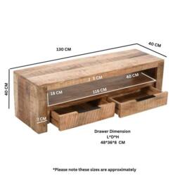 Indian Hub Surrey TV Stand with 2 Drawers - Solid Mango Wood - L40 x W130 x H40cm in Brown - thumbnail 6