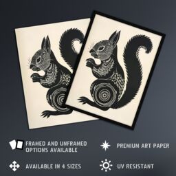 Artery8 Tribal Squirrel Artwork Black & White Nature Framed Art Print - Size: A4 - thumbnail 2
