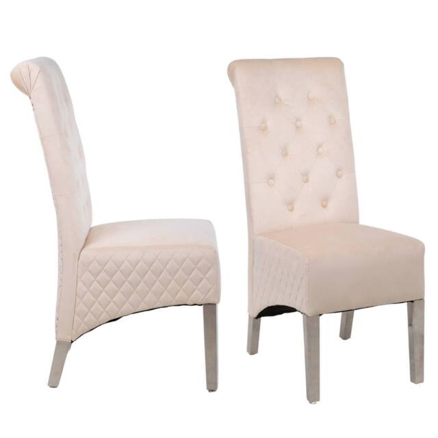 Modernique A Pair (x2) Velvet Tufted High Back Dining Chairs with Chrome Legs in Beige - image 1