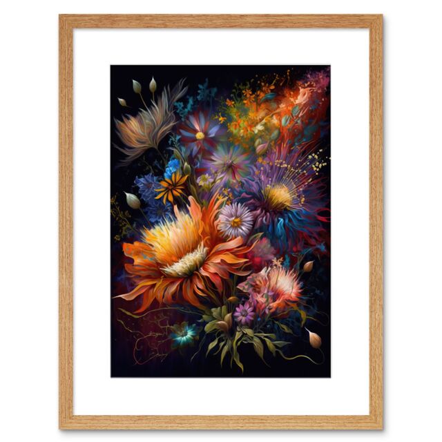 "Artery8 Wall Art Print Wildflower Bouquet Pink Blue Orange Floral Artwork Framed 9X7 Inch in Beige - Size: W7"" x H9""" - image 1