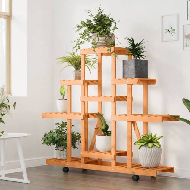 Berkfield Home Elegant Flower Stand with Wheels 110x25x101 cm Solid Wood Fir in Brown - Size: 110 x 25 x 101 cm - image 1