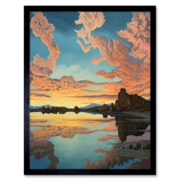 "Artery8 Wall Art Print Atmospheric Cloud Reflections Early Morning Dawn at Mono Lake Modern Watercolour Painting Art Framed - Size: W12"" x H16""" - thumbnail 1