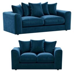 Furnishings For Less UK Brooklyn Plush Velvet Fibre Fabric Sofa Set 3 & 2 Seater sofa in Blue