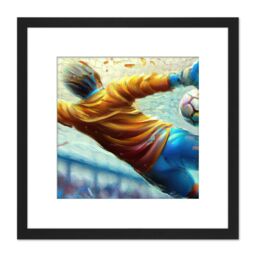 Football Soccer Goalkeeper Save Dive Action Shot Yellow Blue Sport Painting Square Wooden Framed Wall Art Print Picture 8X8 Inch