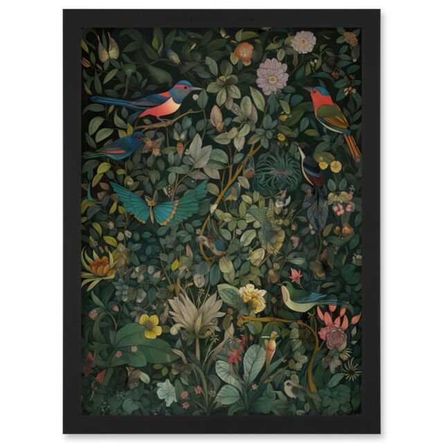 Artery8 Butterflies & Birds on Flowering Shrub Folk Art Artwork Framed Wall Art Print A4 in Black - image 1