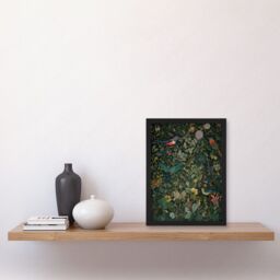Artery8 Butterflies & Birds on Flowering Shrub Folk Art Artwork Framed Wall Art Print A4 in Black - thumbnail 2