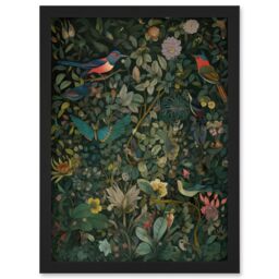 Artery8 Butterflies & Birds on Flowering Shrub Folk Art Artwork Framed Wall Art Print A4 in Black - thumbnail 1
