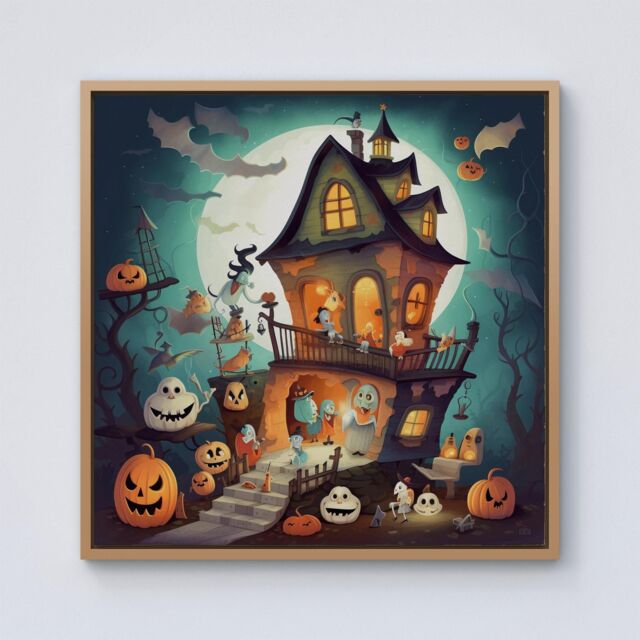 Warren Reed - Designer Illustrations A Whimsical Haunted House Framed Canvas in Light Brown - Size: w40 inch x h40 inch - image 1