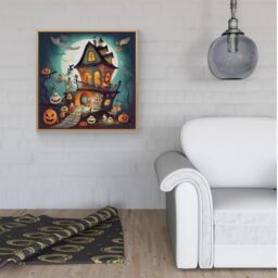 Warren Reed - Designer Illustrations A Whimsical Haunted House Framed Canvas in Light Brown - Size: w40 inch x h40 inch - thumbnail 2