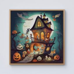Warren Reed - Designer Illustrations A Whimsical Haunted House Framed Canvas in Light Brown - Size: w40 inch x h40 inch - thumbnail 1