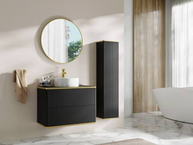 Vente-unique Suspended Ribbed Bathroom Vanity Unit With Round Countertop Basin and in Black