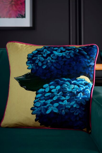 Laurence Llewelyn-Bowen 'Hiyah Hydrange' Hydrangea Blooms Print Velvet Filled Cushion in Lime - Size: 43 cm x 43 cm - image 1