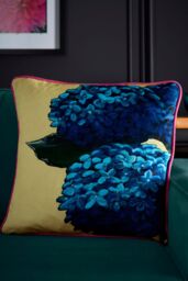 Laurence Llewelyn-Bowen 'Hiyah Hydrange' Hydrangea Blooms Print Velvet Filled Cushion in Lime - Size: 43 cm x 43 cm